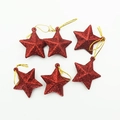 Set of six red glitter star ornaments with gold strings for Christmas tree decoration - 5cm (With Ring) / Red