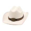 White felt western cowboy hat featuring a brown leather band and bull head metal buckle - One Size / White (Bronze Bull Head)