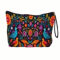 Day of the Dead floral bird printed cosmetic bag with black zipper and hand strap - Folk Flower and Bird Pattern (xy-036-04) / With Wristlet