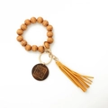Détail de perles léopard, pompon jaune et disque en bois gravé MAMA sur le porte-clés - 2# Jaune Léopard / Jaune