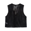 Chaleco negro de encaje para mujer con cuello en V y bordado floral delicado - XS / Negro