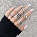 Bohemian silver ring set featuring snake, flower, and hollow heart designs for women - Bohemian Snake Flower Ring Set 7Pcs / Silver