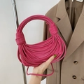 Pink woven knot handle handbag in PU leather with a minimalist crescent shape design - Rose Red