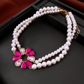 Collier double couche en perles avec pendentif fleur en pierre rose et doré - Collier de Perles Double Couche Fleur Strass Rose (2#)