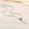 Detailed view of silver arrow pendant with stainless steel box chain on beige fabric - Steel (KN292814-K)