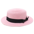 Detail of pink straw boater hat featuring a black ribbon band and side bow tie - S (54-56cm) / Water Pink