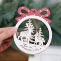 Round wooden Christmas ornament with reindeer silhouette and festive red bow decoration - Style B (Double Deer Forest-Red Bow) / 9.5*12.5*0.7cm