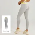 Leggings de yoga de cintura alta gris rinoceronte con paneles amarillos en contraste y ajuste slim - S / Bottoms / Gris Rinoceronte