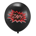 Close-up of black superhero party balloon featuring comic ZAP design and spider graphic - Black