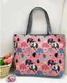 Pink canvas tote bag featuring colorful cartoon elephant print and grey shoulder straps - Colorful Elephant