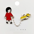 Cute enamel pin set featuring a girl in red dress connected by chain to a corgi dog - 158*Girl with Corgi Chain Pin