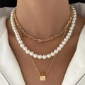 Multilayered gold chain necklace with white pearls and engraved dice pendant - Fashion Dice Pendant Layered Necklace Style / Gold Dice