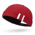 Red cotton docker hat with white double stripes and adjustable strap on white background - Adjustable / Red