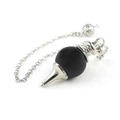 Black obsidian gemstone pendulum with silver chain and metal cone pendant decoration - Pendant + Chain Set / Obsidian