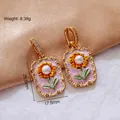 Vintage enamel sunflower earrings with freshwater pearl in golden finish, weight 8.39g - 【B-28】Pink Sunflower