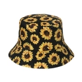 Damen Fischerhut in Schwarz mit Sonnenblumenmuster für Sonnenschutz und modischen Look - Schwarz