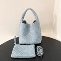 Three-piece light blue denim woven tote bag set with matching zipper pouch and strap - Medium 23cm / Light Blue