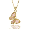 Close-up of gold-plated butterfly pendant featuring an oval-cut pink gemstone and fine chain - Pink