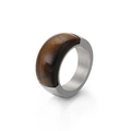 Brushed titanium steel ring featuring a semi-wrapped oval tiger's eye stone inlay - US 7