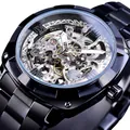 Forsining skeleton automatic mechanical watch with black stainless steel band - All Black