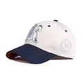 Two-tone baseball cap in beige and navy blue with embroidered R letter and orange brim lining - Adjustable / Beige and Navy Blue