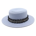 Detail of light blue straw flat top hat with woven band and gold metal M logo charm - M (56-58cm) / Sky Blue