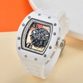 Detail of white tonneau-shaped skeleton watch showing internal mechanical gear movement - Skeleton Movement / All White