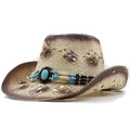 Cappello da cowboy in paglia western con fascia di perline turchesi e tesa larga - Caffè Beige