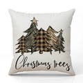 Weihnachtlicher Kissenbezug aus Leinen mit vier festlichen Baum-Motiven und Text - Weihnachtsbäume-Druck