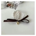 Dual-use pearl bracelet hair tie with gold heart pendant and dark brown silk bow - Brown