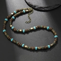 Men's hip-hop necklace with brown wood beads, turquoise squares, and brass accents - Brown Wood Blue-Green Block (ZJ12548)