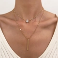 Double-layered gold necklace with pear-shaped zircon and rectangular bar pendant - Gold Drop Zircon & Bar Style (7176)