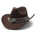 Brown western wool felt cowboy hat with ethnic turquoise beads and fringe band - M (56-58cm) / Coffee