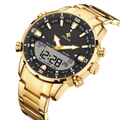 Men's dual display quartz watch with gold steel strap and black dial water resistant - Gold Case Black Dial