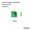 Detailed view of square green zirconia pendant in gold plated copper with 2mm hole size - Gold Base - Green Gem