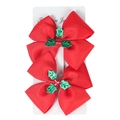 Red Christmas bow hair clips with green sequins and holly berries for girls, 2 pieces - Red