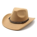 Detail of wool felt western hat featuring ethnic woven band and leather metal buckle - Camel