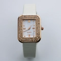 Elegant square rose gold quartz watch with diamond bezel and white leather strap - White Roman Dial