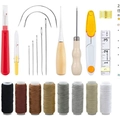 Comprehensive leather sewing tool kit with wax threads and needles on white background - EU 22