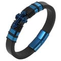 Men's retro black leather cord bracelet featuring a blue metal cross and magnetic clasp - 19cm / Blue