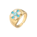 Detail of 18K gold plated copper ring featuring blue enamel flower and evil eye design - Adjustable Open / Sky Blue
