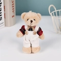 Linen teddy bear plush keychain in red plaid shirt and overalls on clean background - Red Bowknot Male Bear / 11cm