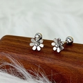 Minimalist silver flower stud earrings with spherical screw back closure on wood - Silver Daisy Screw Ball (Single)