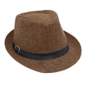 Detail of a brown straw fedora featuring a black faux leather band and silver metal buckle - Coffee