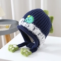 Winter knit dinosaur earflap hat for kids with thick navy wool and cozy plush lining - 2-8 Years / Blue