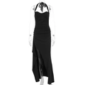 Detail of black halter evening dress showing gathered waist and high side slit design - S / Black