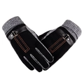 Men's winter leather gloves with orange stitching and grey ribbed knit cuffs - One Size / Black/White Line A - Contrast Stitching