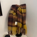 Detail of classic plaid scarf with long tassels and soft plush blend texture - 230cm / Yellow Coffee