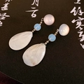 Three-tier teardrop earrings with pink beads and pearlescent shell-textured drops - White (Three-Tier Drop Style)