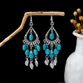 Boho vintage silver earrings with turquoise beads and leaf charms on a branch - E5775-11/Antique Silver Leaf Tassel Turquoise